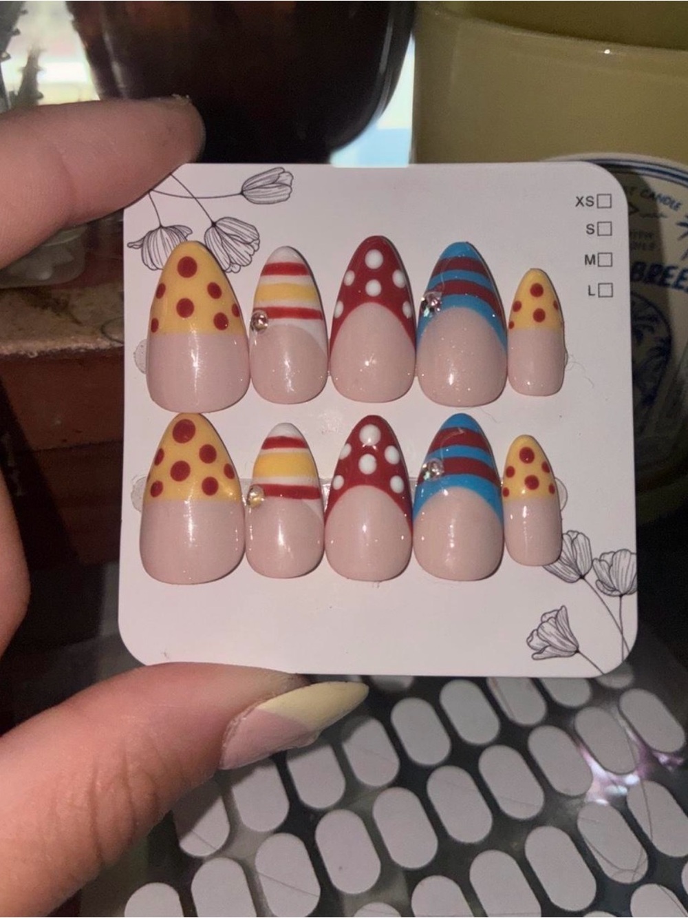 Cute Polka Dot & Stripe Press-On Nails - Yellow, Red, Blue